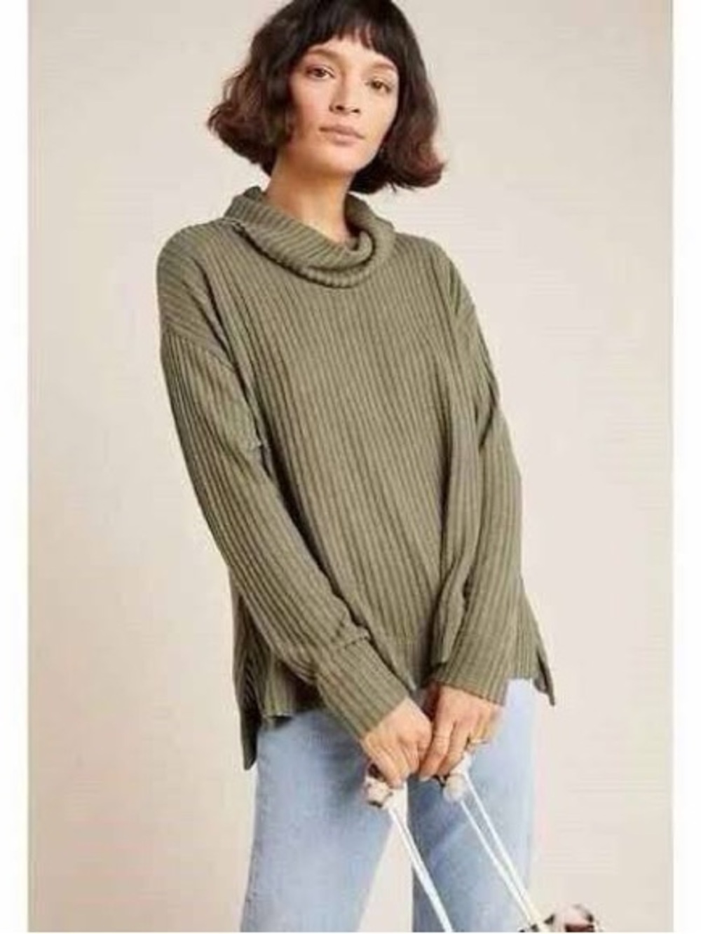 Anthropologie Olive Ribbed Cowl Neck Sweater